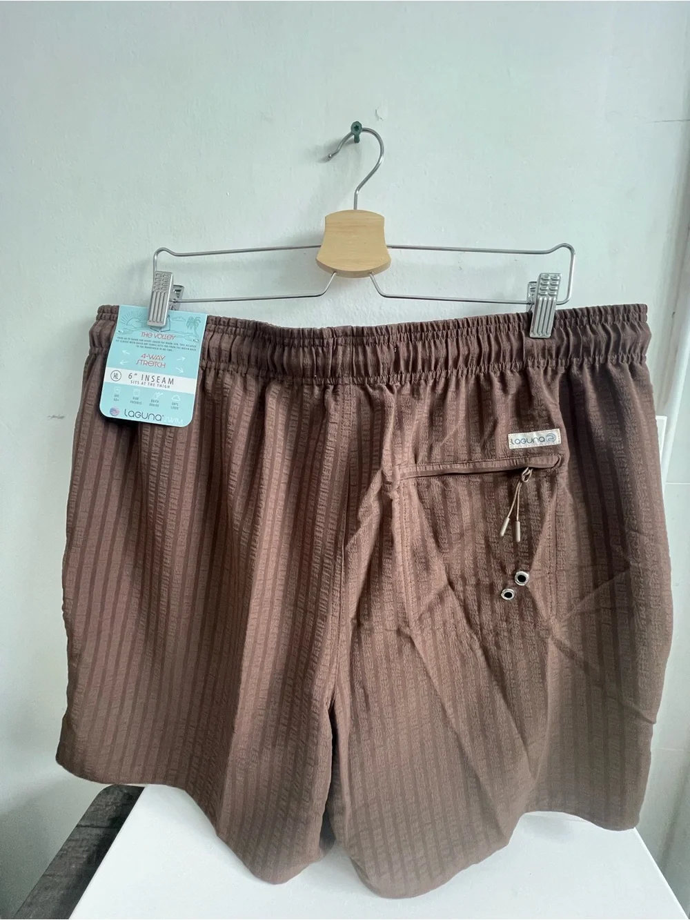 Men's Brown Textured Swim Trunks with Drawstring